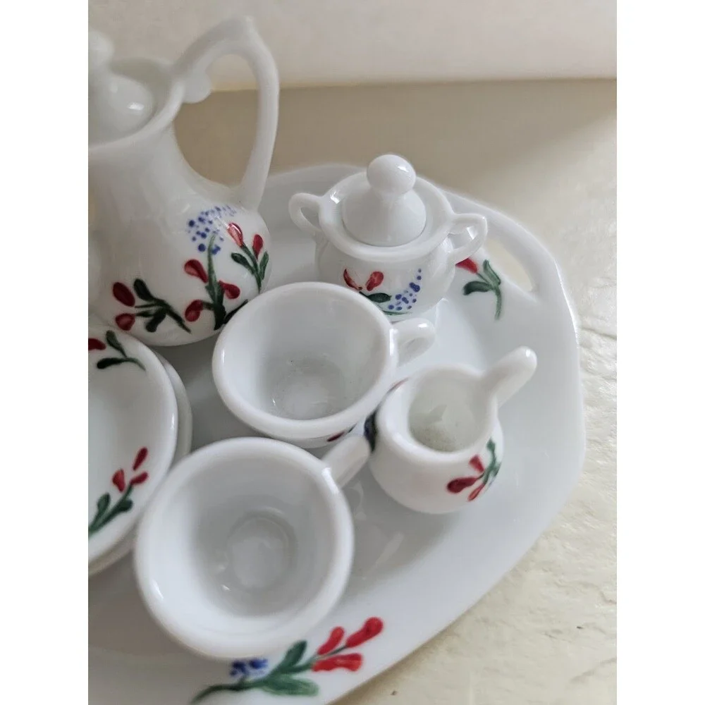 Vintage Miniature Ceramic Dollhouse Tea Set Blue And Red Floral Design